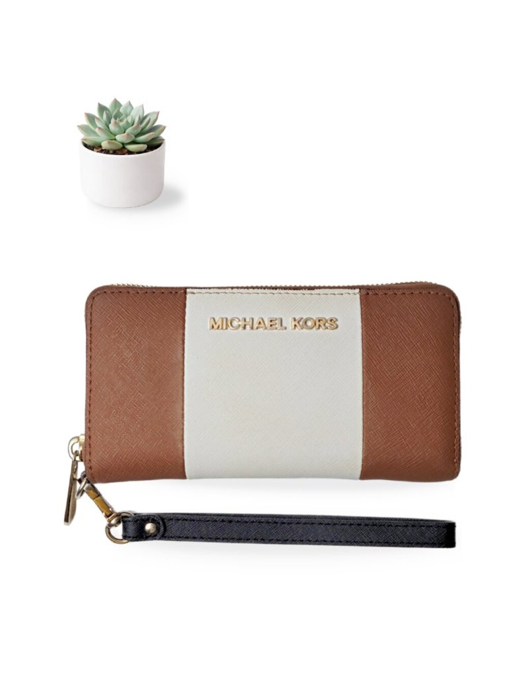 Michael Kors Saffiano Leather Zip Around Wallet Wristlet Brown White Stripe Gold